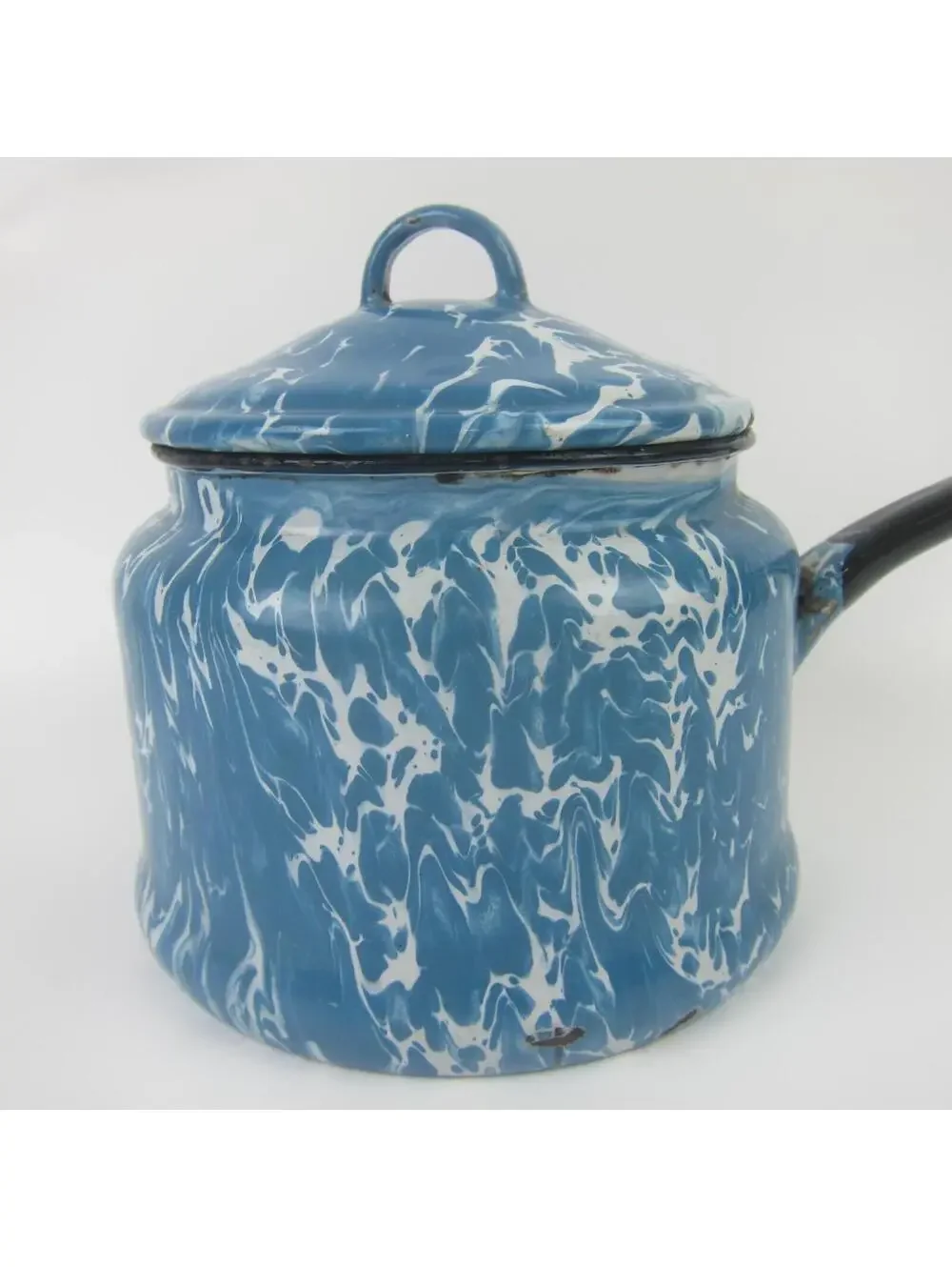 Antique Graniteware Enamelware Pot Blue & White Swirl with Lid Preserving Kettle - Picture 2 of 10